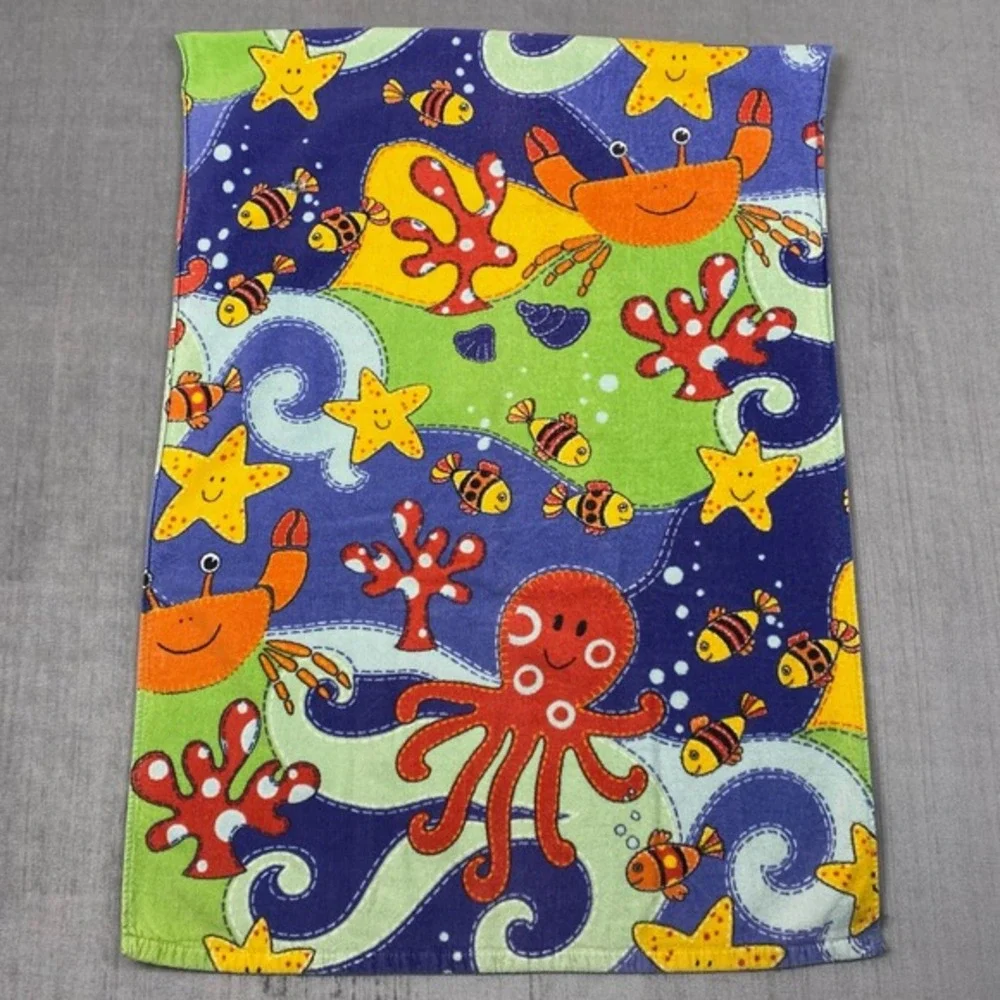 Vtg Aloha Beach Towel Colorful‎ Underwater Sea Animals Octopus Crab 100% Cotton